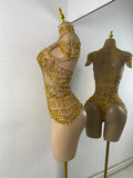 Sparkly Red Rhinestones Women Sexy Mesh See Through High Stretch Bodysuit Nightclub Performance Dance Costume Singer Stage Wear