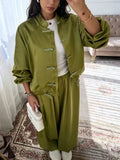 Solid Spliced Buttons Two Piece Set Female Stand Collar Long Sleeve Top Retro Chinese Women's Trousers Sets Fashion