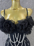 Elegant Black Bodycon Dress with Pearl Embellishments and Tulle Rose Bustier Ideal for Women Formal Event Evening Party