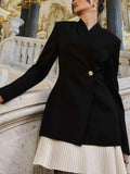 Tunic Pleated Hem Mini Dresses for Women Notched Collar Long Sleeve Spliced Button Temperament Blazer Dress Female