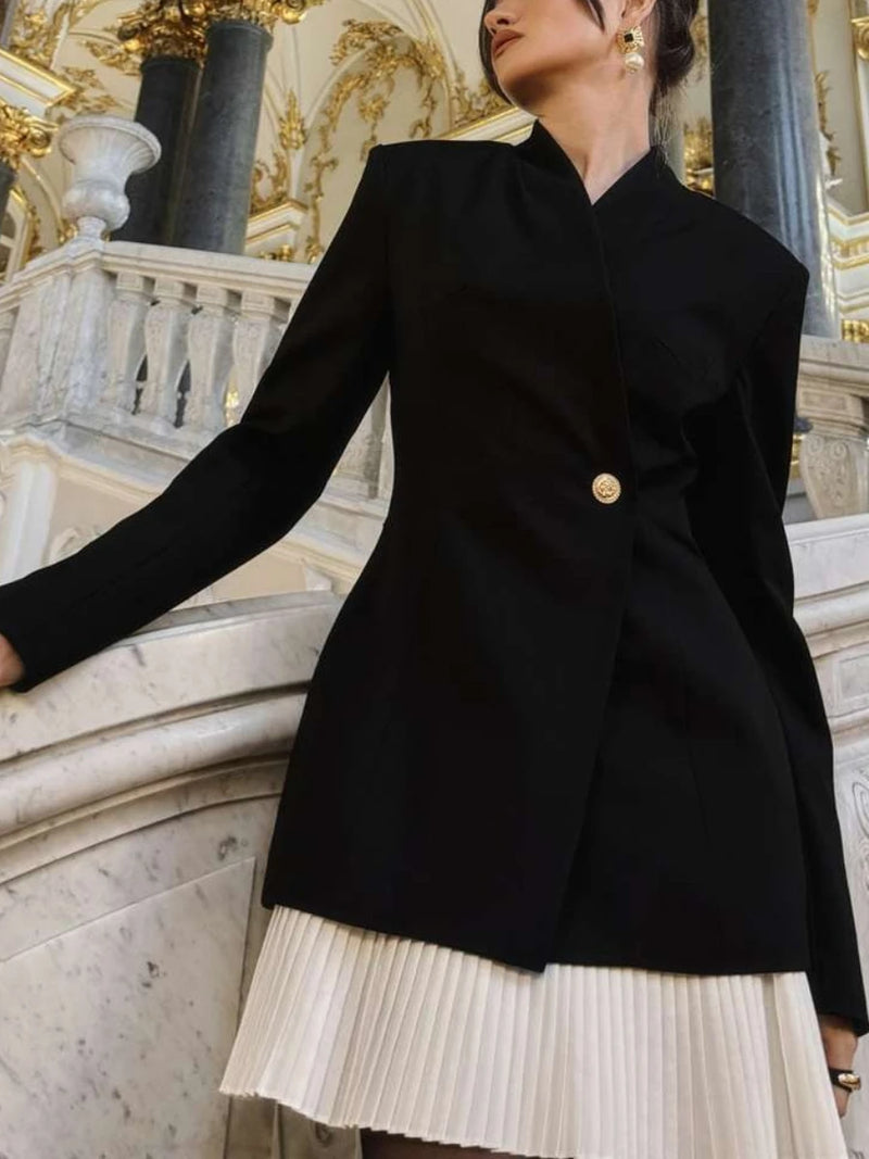 Tunic Pleated Hem Mini Dresses for Women Notched Collar Long Sleeve Spliced Button Temperament Blazer Dress Female