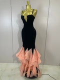 Sexy V Neck Black Bodycon Mermaid Bandage Long Dresses With Pink Ruffles Women Birthday Party Prom Gown Celebrities Eveing Dress