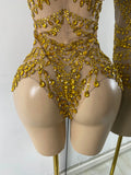 Sparkly Red Rhinestones Women Sexy Mesh See Through High Stretch Bodysuit Nightclub Performance Dance Costume Singer Stage Wear