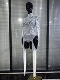 Red Black Women Long Sleeve Sexy Mesh See Through Sparkly Crystal Bodycon Jumpsuit Celebrate Nightclub Bar Dance Stage Wear