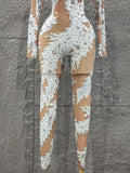 Luxurious Women Sexy Long Sleeve Shinning Rhinestones Bodycon Jumpsuit Celebrate Nightclub Party Performance Costume