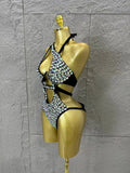 Gold Luxurious Black Bodysuit Women Sexy Halter Neck Iridescent Crystal Embellished Cutout Outfit Stage Performance Costume