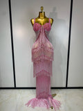 Women Luxury Prom Gowns Sparkly Rhinestones Tassel Mesh Maxi Long Luxury Birthday Celebrity Sexy Evening Club Party Dresses
