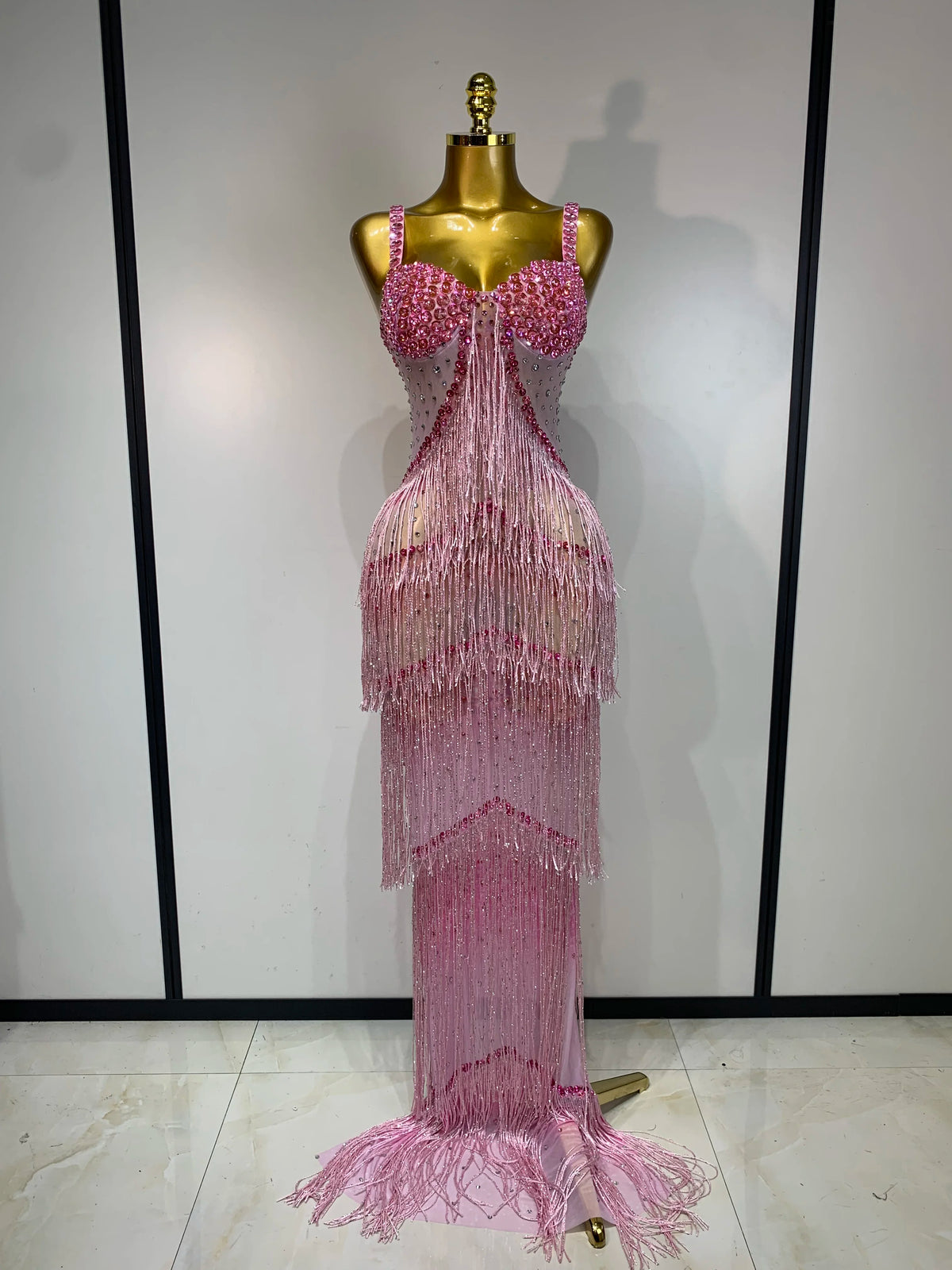 Women Luxury Prom Gowns Sparkly Rhinestones Tassel Mesh Maxi Long Luxury Birthday Celebrity Sexy Evening Club Party Dresses
