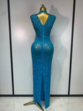 Sparkly Rhinestone Sleeveless Stretch Long Dress Women Sexy Mesh Celebrate Evening Prom Luxury Birthday Dress Evening Party Wear