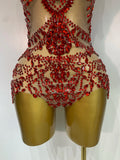 Women Sexy See Through Crystal Bodysuits Luxury Birthday Dancer Stage Performance Wear Mesh Sparkly Rhinestone Nightclub Outfit