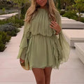 Solid Minimalist Mini Dresses For Women Round Neck Long Sleeve High Waist Elegant Dress Female Fashion New Style