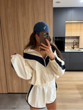 Color Block Zip Up Two Piece Set Women Long Sleeve Stand Collar Cropped Jacket High Waist Shorts 2026 Spring Summer Casual Suit