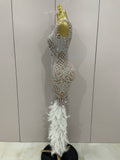 Women Sparkly Rhinestone Feathers Sleeveless O Neck Bodycon Long Dress Wedding Guest Gowns Luxury Birthday Evening Party Dress