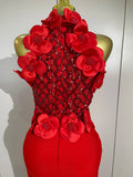 Women Black Red Beaded Flower Mesh Patchwork Long Bandage Dress Celebirty Elegant Prom Evening Club Party Birthday Dresses