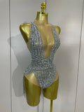 Luxury Sparkly Silver Diamonds Tassel Mesh Sheer Bodysuits Eveing Birthday Party Latin Dancer Bar Nightclub Sexy Stage Costume