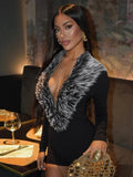 Luxury Fur Deep V Collar Romper Women Full Sleeve Sexy Skinny Fitness Activity Streetwear Hipster Workout Playsuit