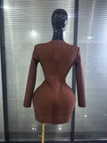 Brown Color Women Long Sleeve Sexy Deep V-Neck Bodycon Mini Bandage Dress Nightclub Party Birthday Outfit Wholesale