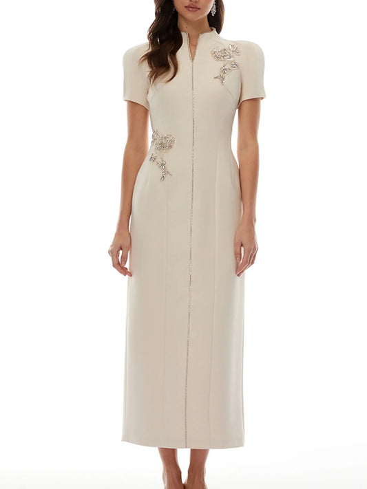 Apricot Mandarin Collar Maxi Dress for Women Short Sleeve Beaded Embroidery Tailored Waist Back Slit Design for Formal Event