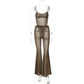 Sexy See Through 2 Piece Set Women Sexy Strapless Bodysuit Tops+Flare Pants Matching Summer Midnight Clubwear Outfits