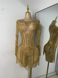 Sparkly Rhinestones Fringes Tight Bodysuit Women Sexy Mesh See Through Performance Stage Outfit Luxury Birthday Party Wear