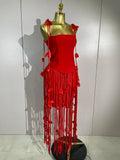 Elegant Pink Strapless Sexy Long Tassel Bandage Dress Women Celebrity Evening Party Luxury Birthday Cocktail Dress Stage Wear