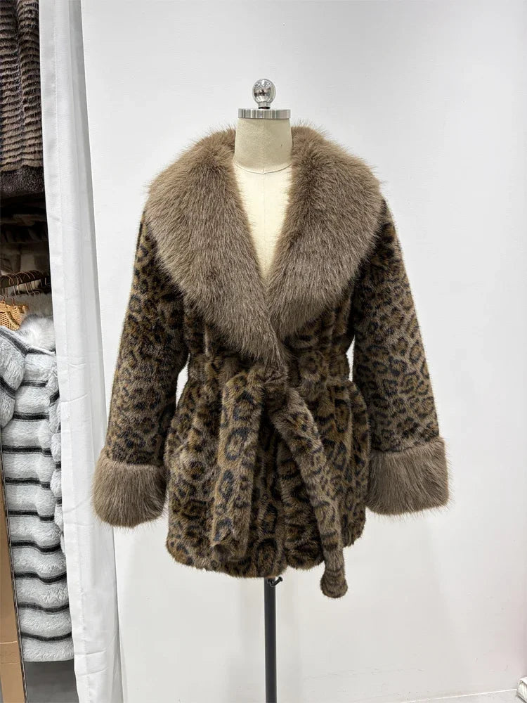 Leopard Print Faux Fur Jacket Womens Long Sleeve Fur Collar Cuff Pockets Coat Autumn Party Winter Streetwear Trendy Outerwear