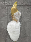 Glamorous White Lace Strapless Tops Ruffles Mini Skirt 2 PCS Set Women Evening Party Nightclub Singer Stage Performance
