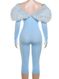 Furry Slash Neck Jumpsuit Woman Sexy Hollow Patchwork Full Sleeve Backless Skinny Hottie Street Autumn New Overalls
