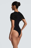 Ladies Bodycon Mesh Ruched Romper Asymmetric Draped Shoulder Mock Neck Short Jumpsuit Slim Fit Wrap Hem Cocktail And Clubwear