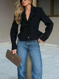 Black Loose Spliced Buttons Chic Jackets for Women Lapel Long Sleeve Commute Basics Jacket Female Summer Fashion