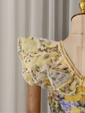 Luxurious Party Folds Design Draped Dress for Women V Neck Flying Sleeve Tunic Floral Printing Vintage Midi Dresses Female