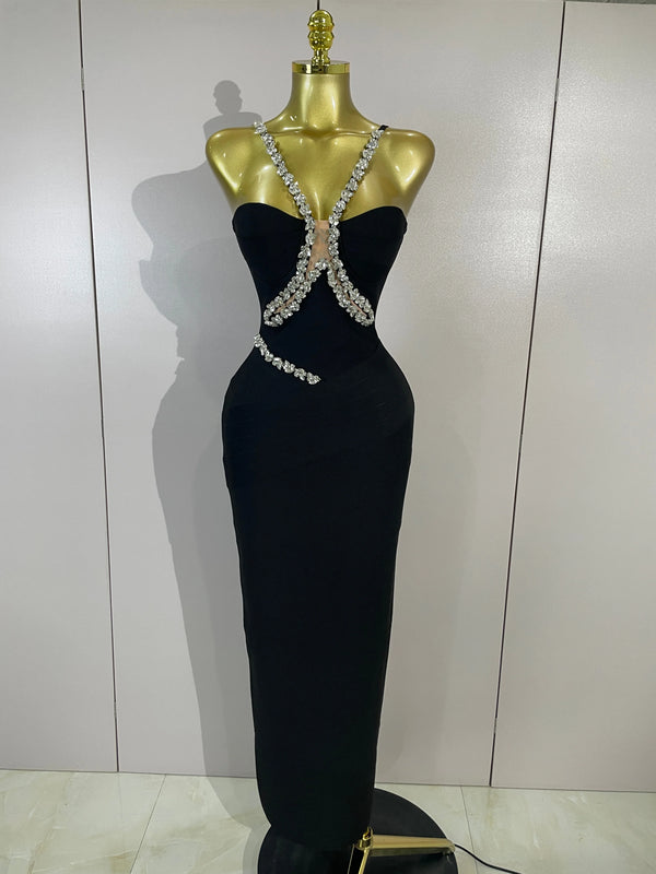Elegant Sprkly Diamonds Sexy Halter  Sleeveless Maxi Long Bodycon Bandage Dress Women Luxury Birthday Eveing Party Club Dress