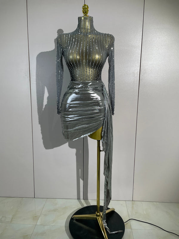 Women Sparkly Rhinestone Birthday Evening Party Nightclub Team Stage Show Costume Sexy Mesh See Through Long Sleeves Mini Dress