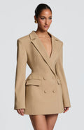 Women Shiny Khaki Blazer Mini Dress V Neck Double Breasted Long Sleeve Slim Waist Formal Cocktail Prom 2026 New Chic Hot Gowns