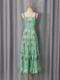 Boho Garden Parties Floral Print Maxi Sundress for Square Collar Sleeveless High Waist Slim Tiered Skirts for Casual Outings