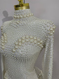 Luxury White Full Pearl Long Sleeved Stretch Bodysuit Women Birthday Evening Party Celebrate DJ Performance Nightclub Stage Wear