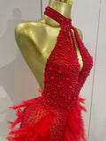 Women Sexy Celebrate Birthday Dress Luxury Rhinestones Pearls Feathers Halter Backless Short Dress Nightclub Bar Stage Costume