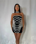 Sparkly Big Crystal Women Sexy Strapless Bodycon Mini Bandage Dress Necklace Celebrate Nightclub Party Photo Shoot Wear