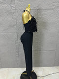 Elegant Two Piece Set Women Halter 3D Flower Crop Top High Waist Flare Pants Bandage Suit Party Casual Formal Wear