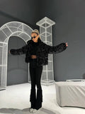 Womens Black Sequin Puffer Coat Zip Up Stand Collar Pockets Warm Jacket Fall Winter Party Club Streetwear Trendy Lady Cozy Wear