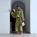 Casual Loose Coats Pants Set Women Full Sleeve Lapel Zippers Solid Coat Long Straight Pleated Pant Sets 2026 Autumn Lady Suit