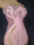 2026 Sexy Show Stage Wear Shiny Pink Rhinetones Sequins Strapless Mesh Sheer Long Dress Birthday Evening Celebrate Party Dress