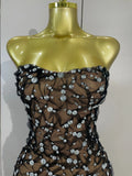 Women Sparkly Rhinestones Sexy Strapless Mesh See Through Mini Dress Birthday Party Evening Cocktail Dress Nightclub Stage Wear