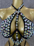 Gold Luxurious Black Bodysuit Women Sexy Halter Neck Iridescent Crystal Embellished Cutout Outfit Stage Performance Costume