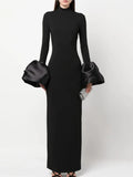 Women Elegant Evening Club Party Trumpet Long Sleeves Sexy Turtleneck Tight Maxi Bandage Dress Black Vestido