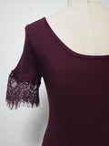 Romantic Dates Brown Ribbed Knit Mermaid Dresses for Women U Neck Short Sleeve Lace Trimmed Midi Skirt for Office Commute