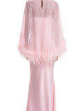 Formal Feather Cape Sleeve Maxi Dress for Women O Neck Spaghetti Strap Floor Length Long Evening Prom Cocktail Party Gown
