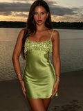 Women Chic Lime Green Satin Slip Skirt Sexy Sequin Fringe Bust Spaghetti Strap Bodycon Mini Dress Summer Party Vacation Wear New