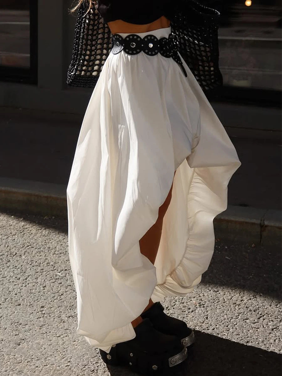 White Loose Spliced Folds Skirts for Women High Waist Streetwear Irregular Skirt Female Summer Fashion Style New