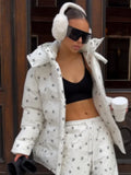Women Floral Print Hooded Puffer Snow Suit Two Piece Outfit Thick Warm Winter Windproof Ski Jacket Wide Leg Pants Set Outdoor